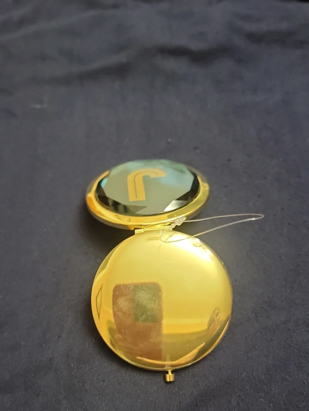 Gold and Teal Compact Mirror with J Monogram - Elegant Pocket Accessory
